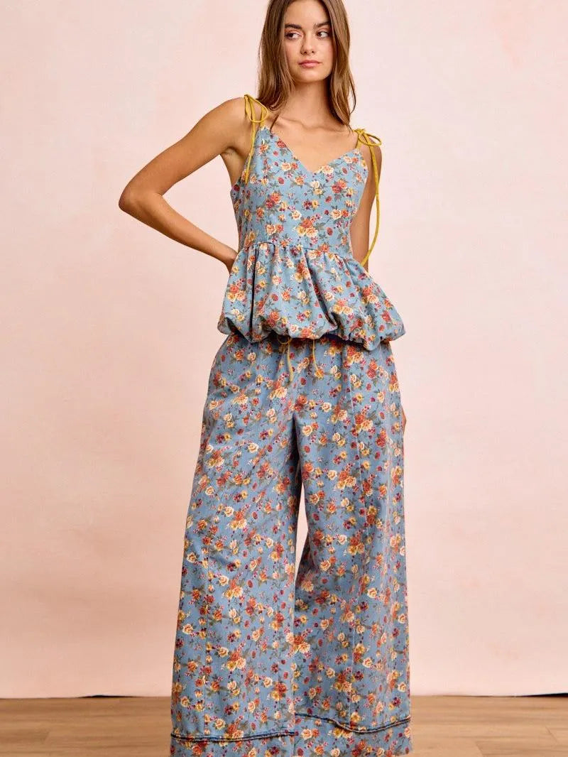 BiBi Indigo Florals Printed Drawstring Wide Denim Pants-Women's Jeans-Shop Z & Joxa