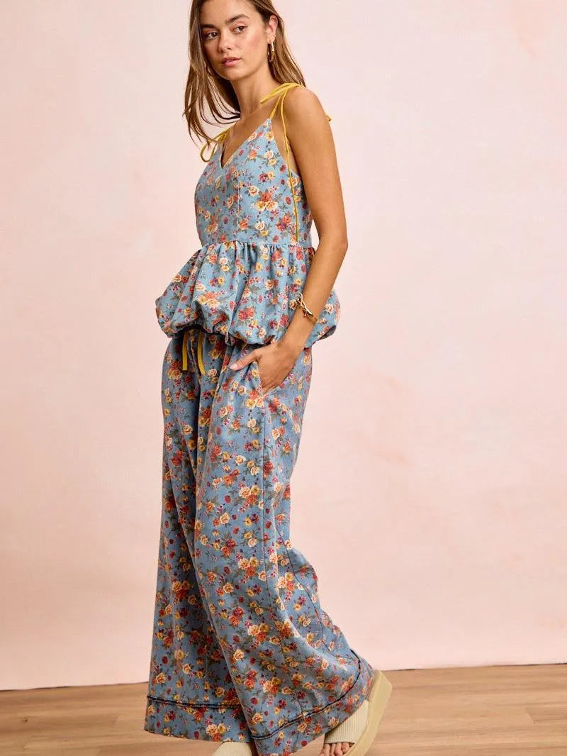 BiBi Indigo Florals Printed Drawstring Wide Denim Pants-Women's Jeans-Shop Z & Joxa