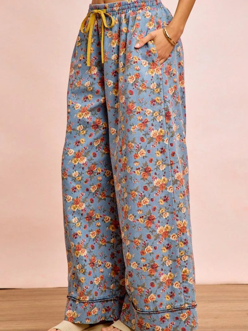 BiBi Indigo Florals Printed Drawstring Wide Denim Pants-Women's Jeans-Shop Z & Joxa