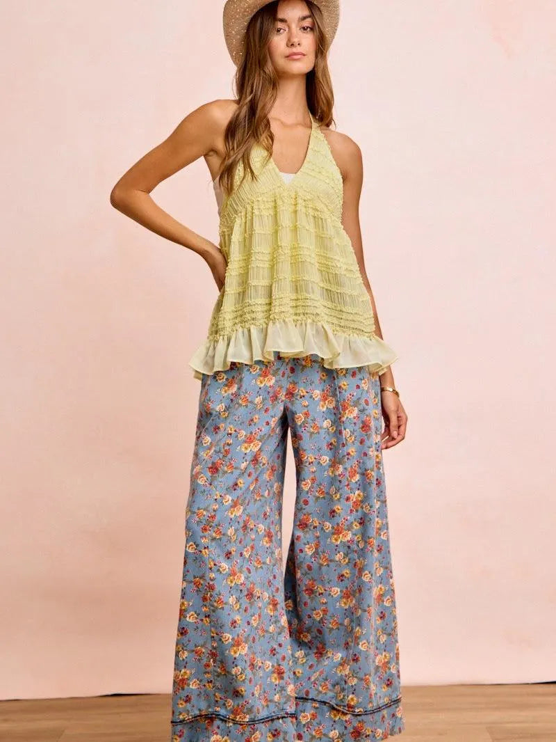 BiBi Indigo Florals Printed Drawstring Wide Denim Pants-Women's Jeans-Shop Z & Joxa