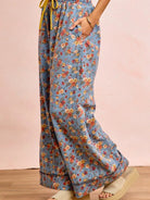 BiBi Indigo Florals Printed Drawstring Wide Denim Pants-Women's Jeans-Shop Z & Joxa