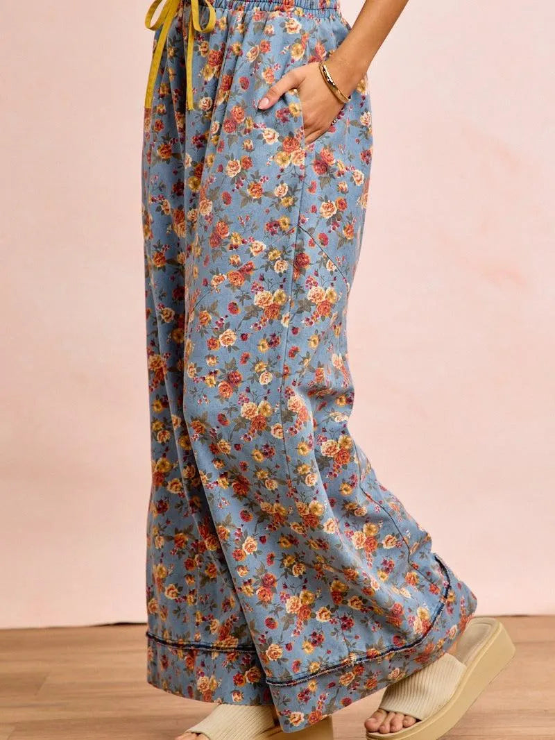 BiBi Indigo Florals Printed Drawstring Wide Denim Pants-Women's Jeans-Shop Z & Joxa