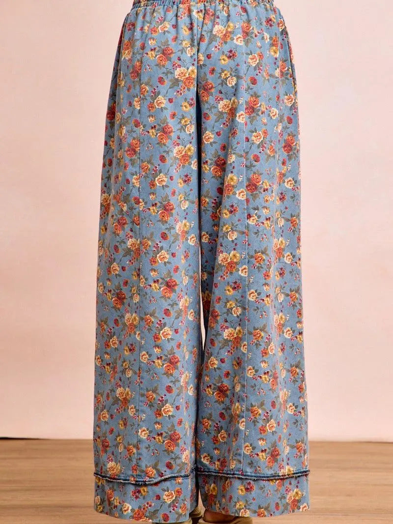 BiBi Indigo Florals Printed Drawstring Wide Denim Pants-Women's Jeans-Shop Z & Joxa
