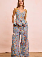 BiBi Indigo Florals Printed Drawstring Wide Denim Pants-Women's Jeans-Shop Z & Joxa