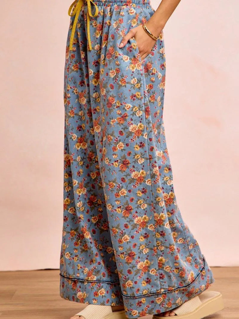 BiBi Indigo Florals Printed Drawstring Wide Denim Pants-Women's Jeans-Shop Z & Joxa