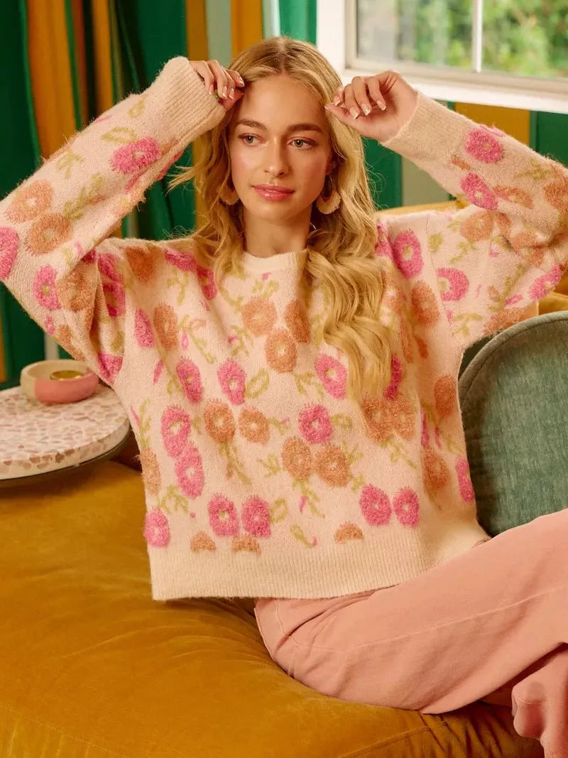 BiBi Ivory Blossom Towel Texture Floral Pattern Sweater-Women's Shirts & Tops-Shop Z & Joxa