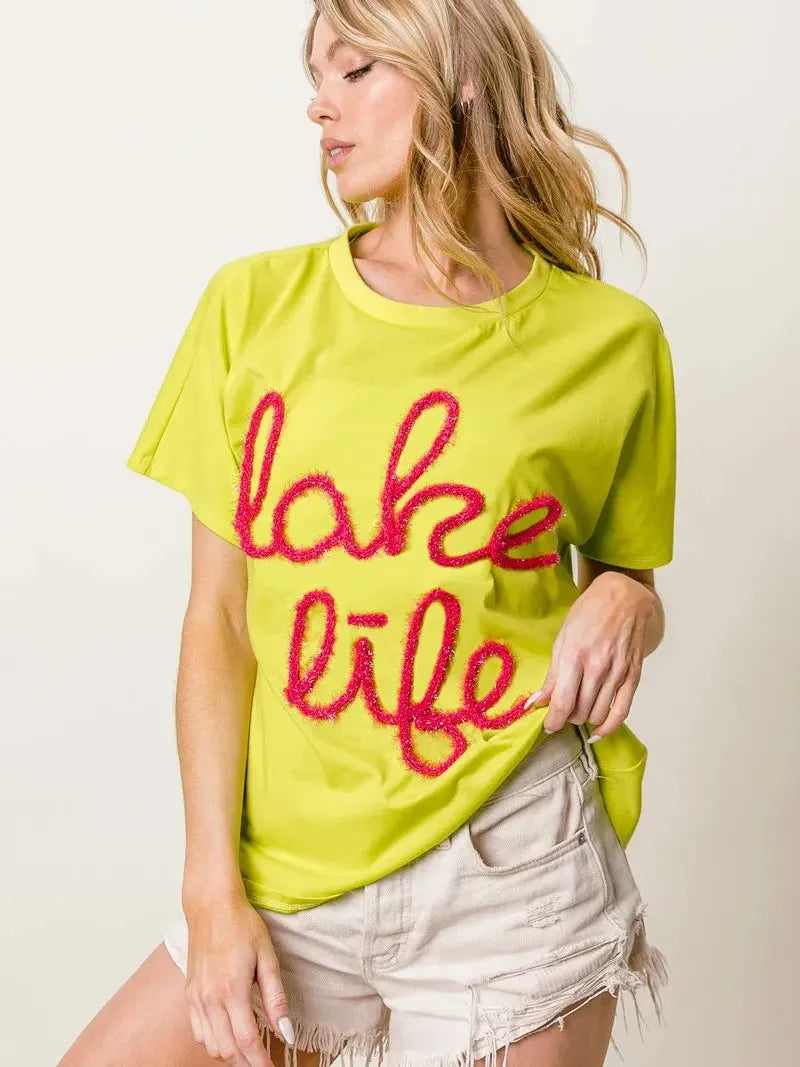 BiBi Lake Life Metallic Letter Short Dolman Sleeve Top - Yellow-Women's Shirts & Tops-Shop Z & Joxa