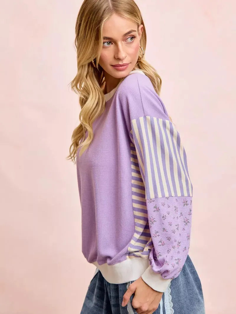 BiBi Lavender Lane Sweatshirt with Stripes and Florals-Women's Shirts & Tops-Shop Z & Joxa