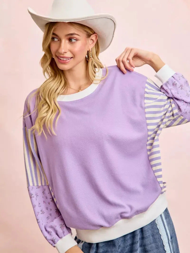 BiBi Lavender Lane Sweatshirt with Stripes and Florals-Women's Shirts & Tops-Shop Z & Joxa