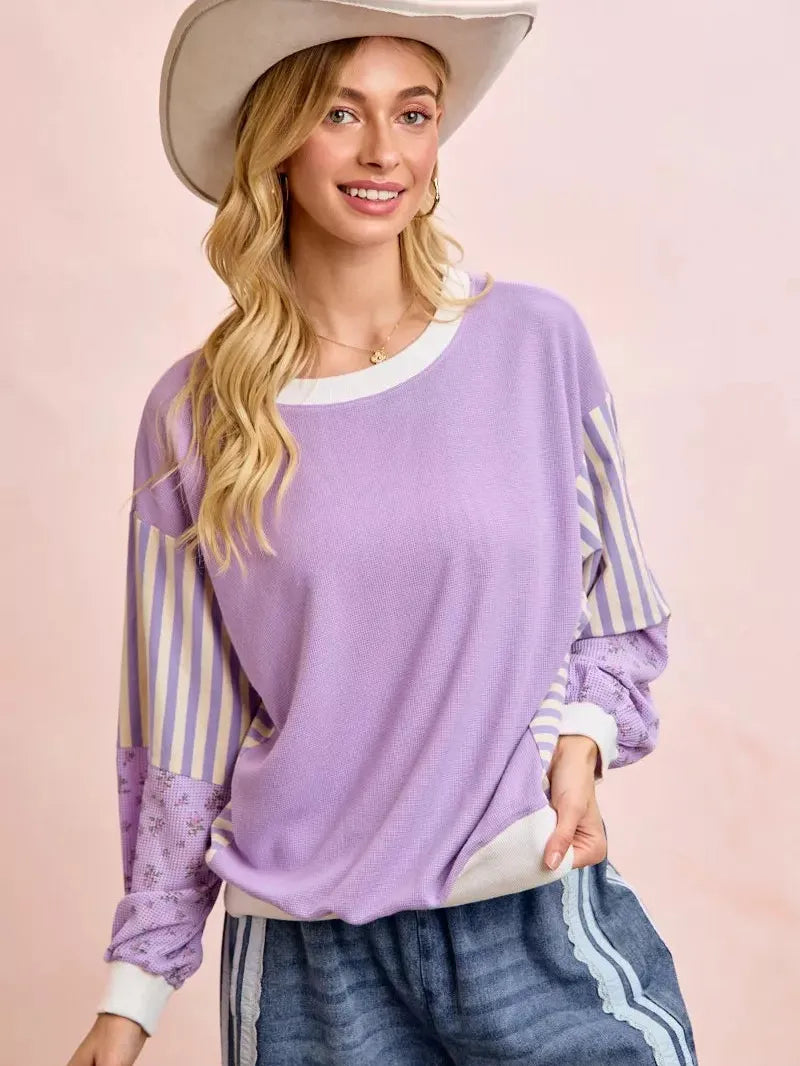 BiBi Lavender Lane Sweatshirt with Stripes and Florals-Women's Shirts & Tops-Shop Z & Joxa