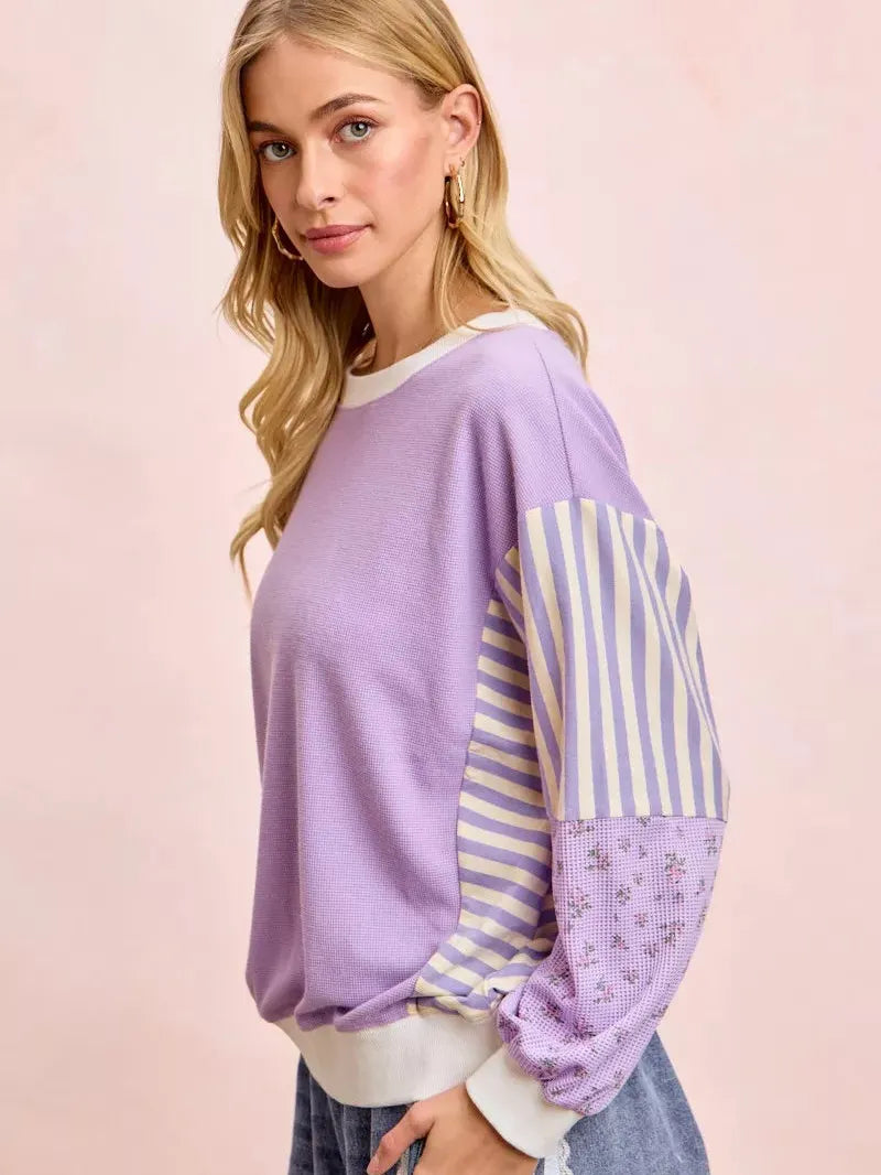 BiBi Lavender Lane Sweatshirt with Stripes and Florals-Women's Shirts & Tops-Shop Z & Joxa