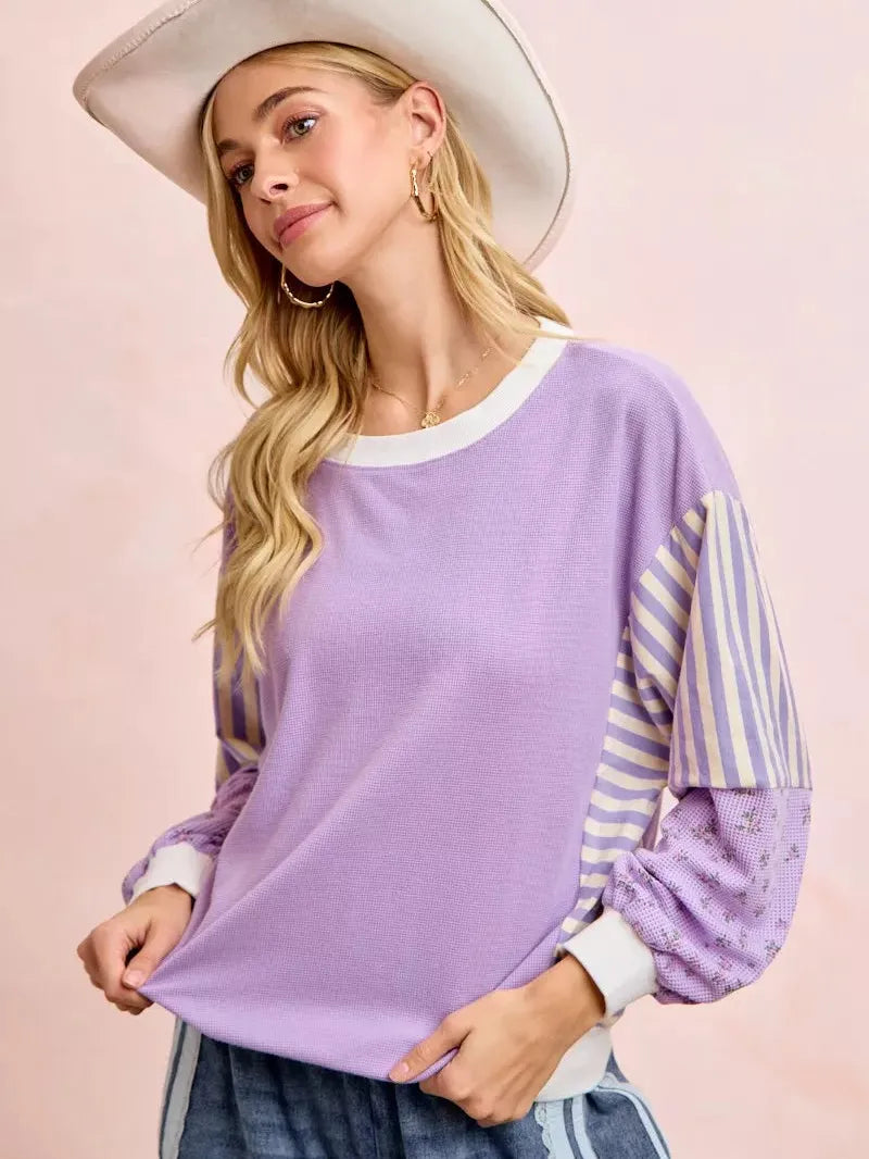 BiBi Lavender Lane Sweatshirt with Stripes and Florals-Women's Shirts & Tops-Shop Z & Joxa