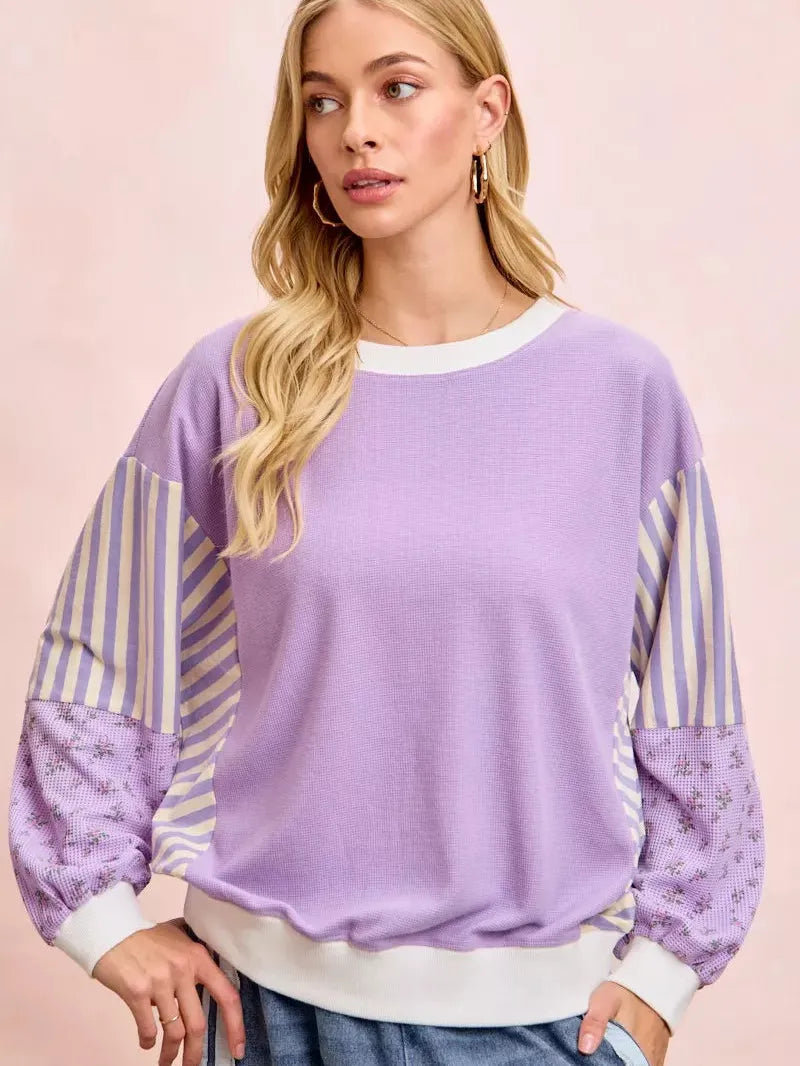 BiBi Lavender Lane Sweatshirt with Stripes and Florals-Women's Shirts & Tops-Shop Z & Joxa