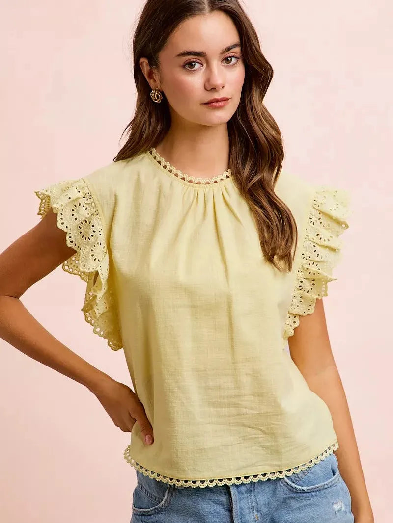BiBi Lemon Lace Ruffle Sleeve Blouse-Women's Shirts & Tops-Shop Z & Joxa