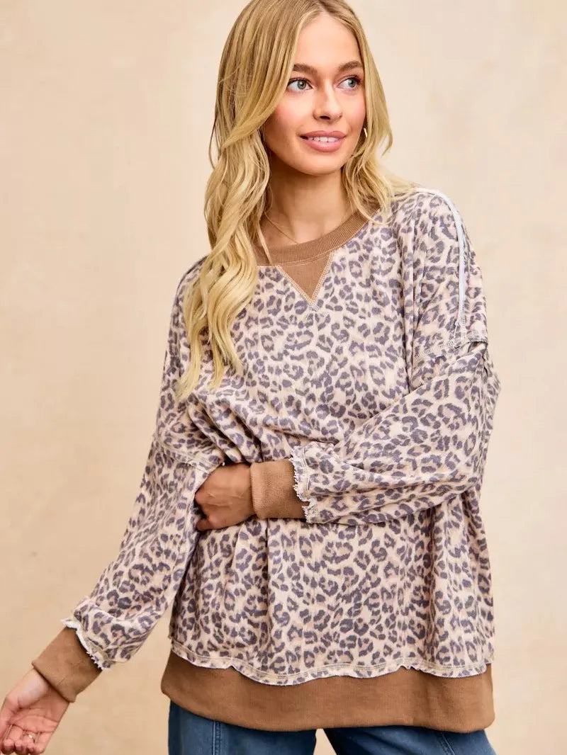 BiBi Leopard Lounge Animal Print French Terry Sweatshirt-Women's Shirts & Tops-Shop Z & Joxa
