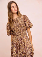 BiBi Leopard Luxe Bow Tie Attachable Puff Sleeves Dress-Women's Dresses-Shop Z & Joxa