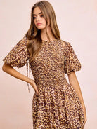 BiBi Leopard Luxe Bow Tie Attachable Puff Sleeves Dress-Women's Dresses-Shop Z & Joxa