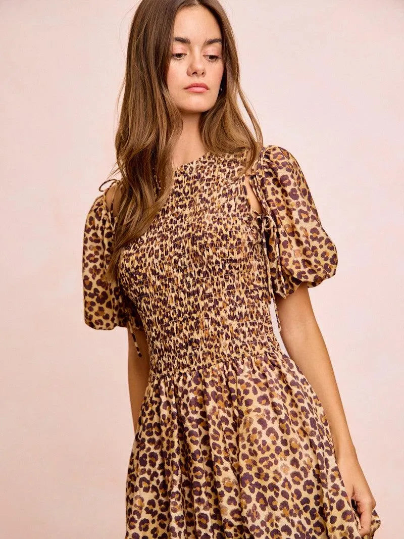 BiBi Leopard Luxe Bow Tie Attachable Puff Sleeves Dress-Women's Dresses-Shop Z & Joxa
