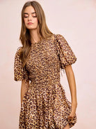 BiBi Leopard Luxe Bow Tie Attachable Puff Sleeves Dress-Women's Dresses-Shop Z & Joxa
