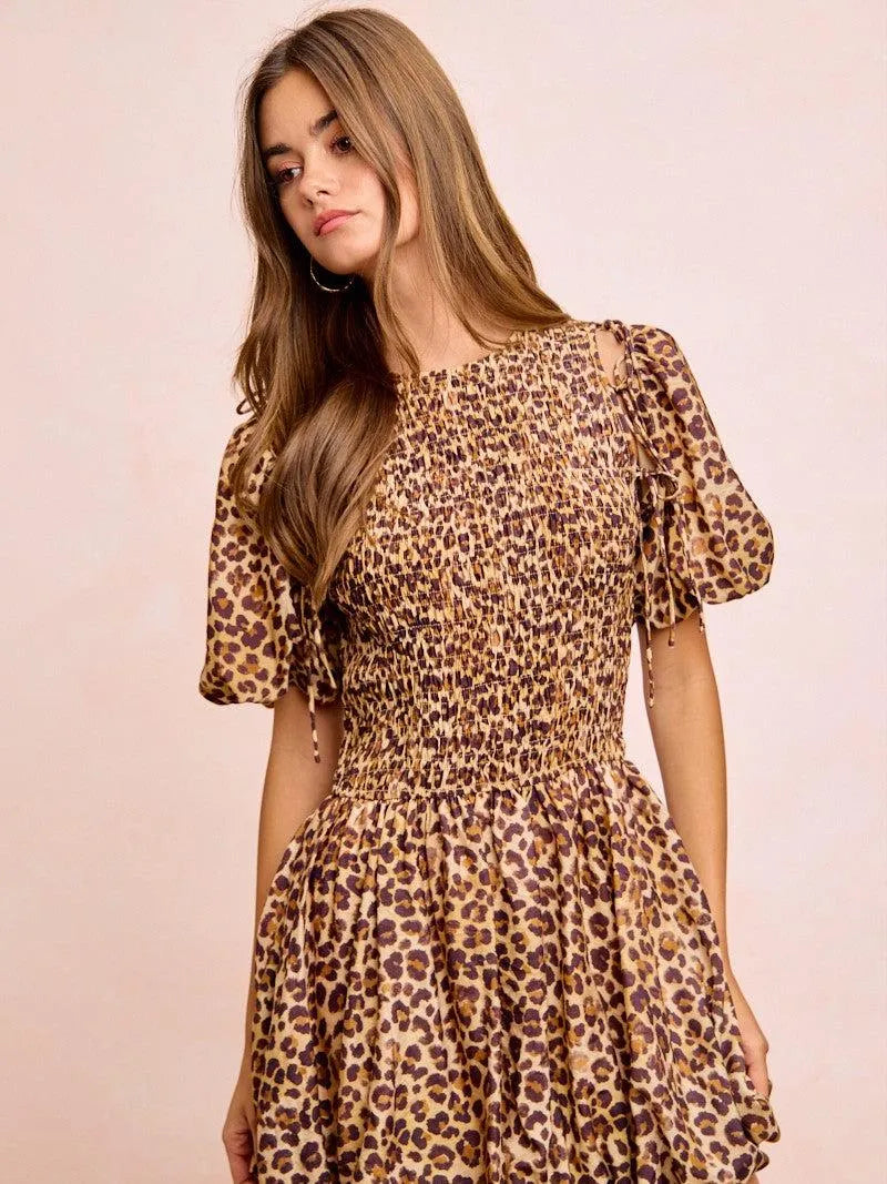 BiBi Leopard Luxe Bow Tie Attachable Puff Sleeves Dress-Women's Dresses-Shop Z & Joxa