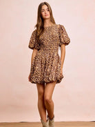 BiBi Leopard Luxe Bow Tie Attachable Puff Sleeves Dress-Women's Dresses-Shop Z & Joxa