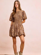 BiBi Leopard Luxe Bow Tie Attachable Puff Sleeves Dress-Women's Dresses-Shop Z & Joxa