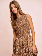 BiBi Leopard Luxe Bow Tie Attachable Puff Sleeves Dress-Women's Dresses-Shop Z & Joxa