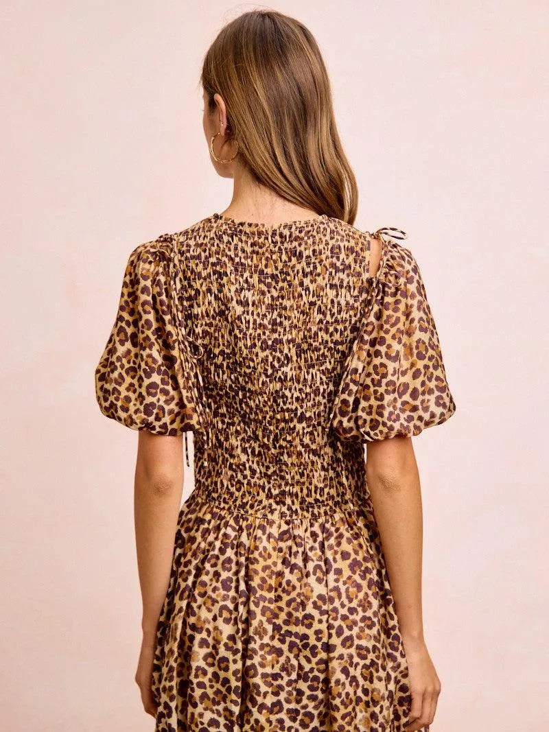 BiBi Leopard Luxe Bow Tie Attachable Puff Sleeves Dress-Women's Dresses-Shop Z & Joxa