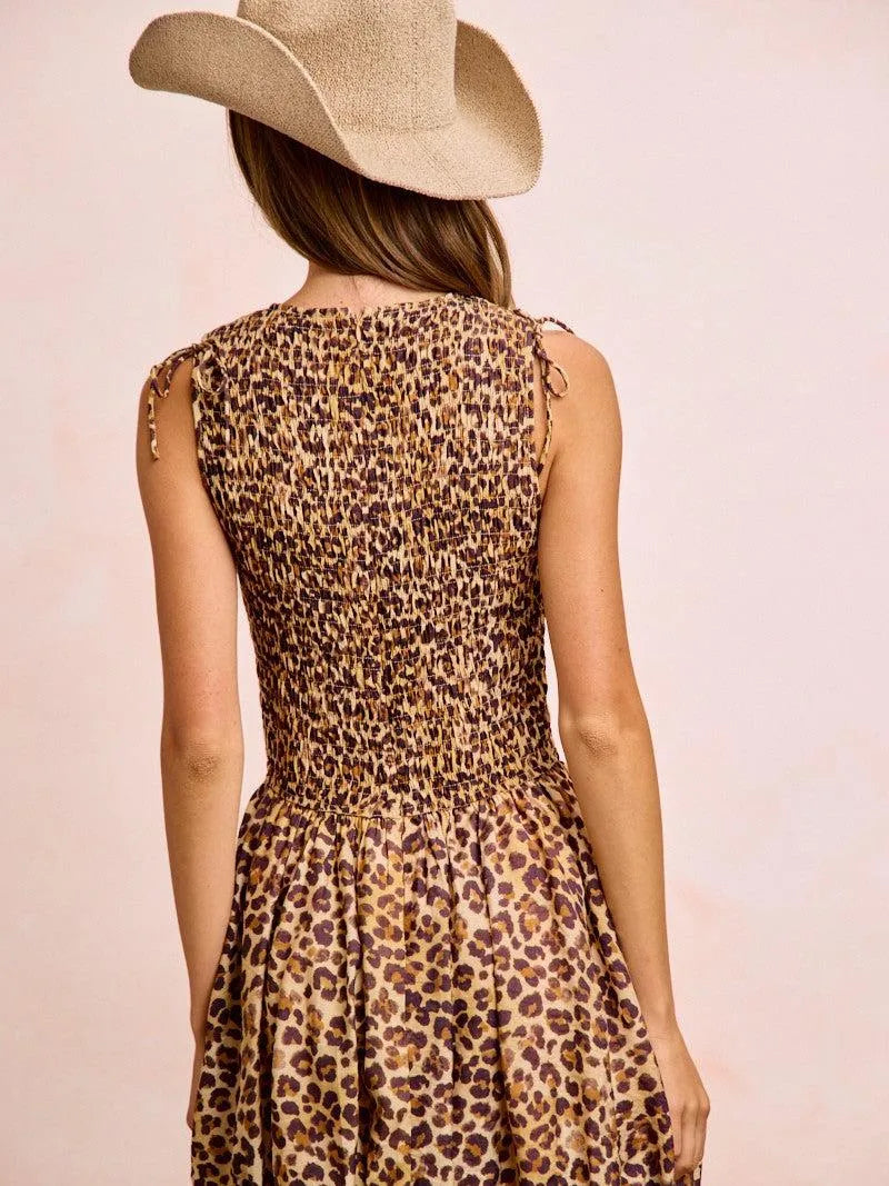 BiBi Leopard Luxe Bow Tie Attachable Puff Sleeves Dress-Women's Dresses-Shop Z & Joxa