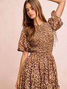 BiBi Leopard Luxe Bow Tie Attachable Puff Sleeves Dress-Women's Dresses-Shop Z & Joxa