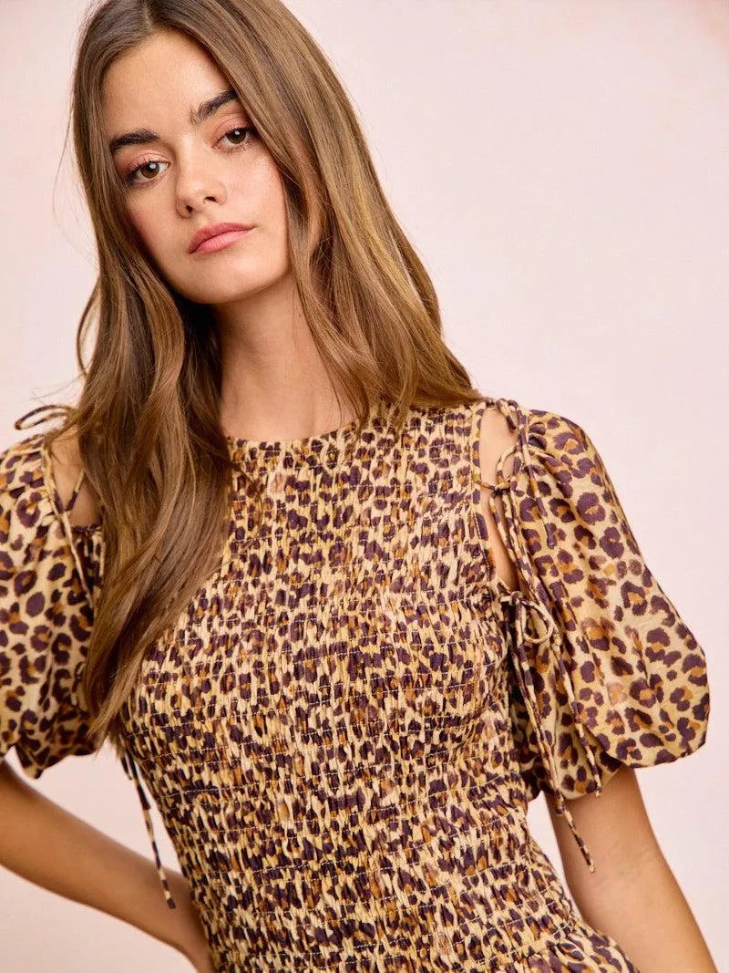 BiBi Leopard Luxe Bow Tie Attachable Puff Sleeves Dress-Women's Dresses-Shop Z & Joxa