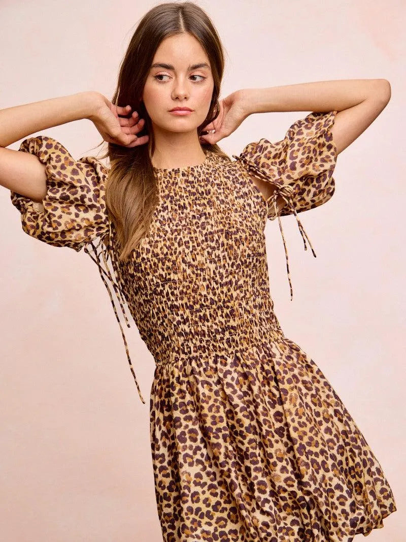 BiBi Leopard Luxe Bow Tie Attachable Puff Sleeves Dress-Women's Dresses-Shop Z & Joxa