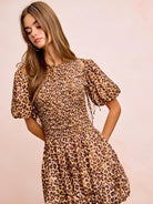 BiBi Leopard Luxe Bow Tie Attachable Puff Sleeves Dress-Women's Dresses-Shop Z & Joxa