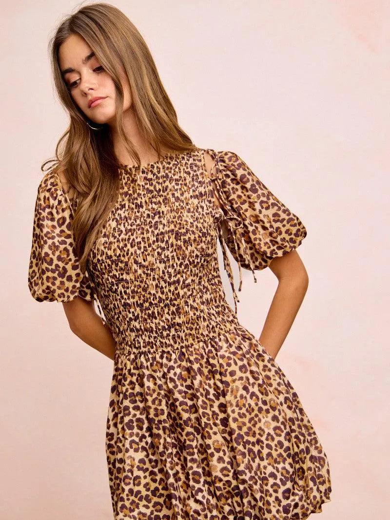 BiBi Leopard Luxe Bow Tie Attachable Puff Sleeves Dress-Women's Dresses-Shop Z & Joxa