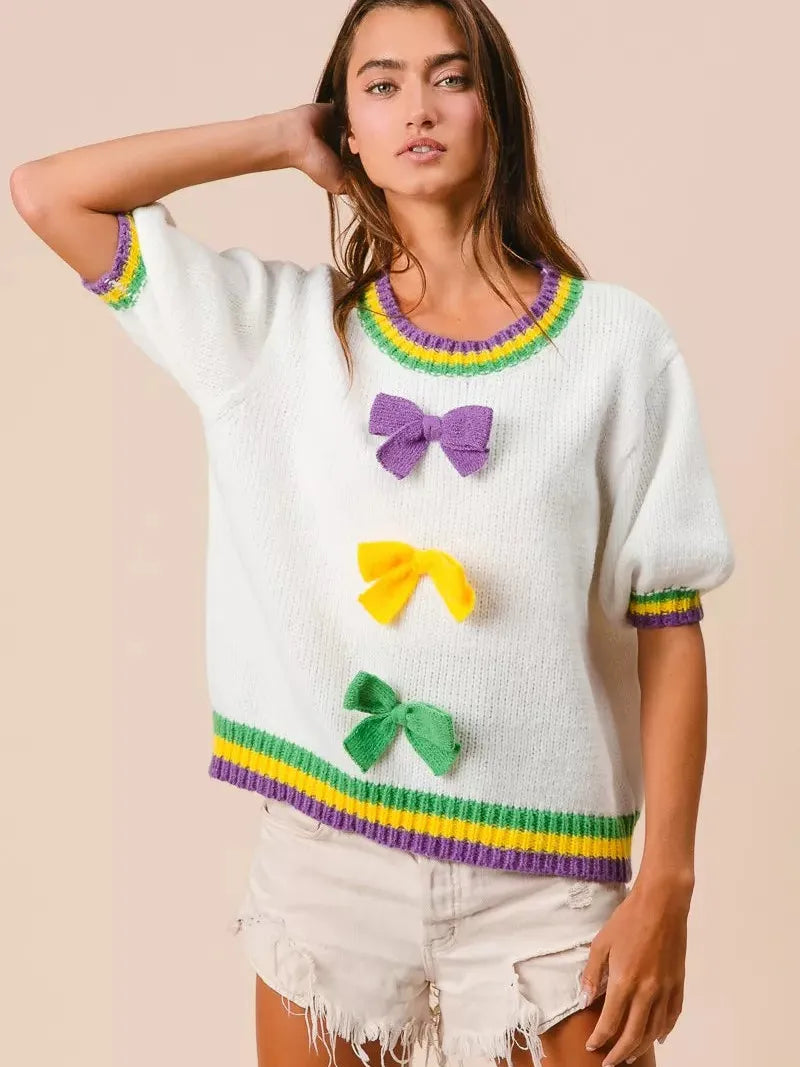 BiBi Let the Good Times Bow Mardi Gras Puff Sleeve Sweater-Women's Shirts & Tops-Shop Z & Joxa