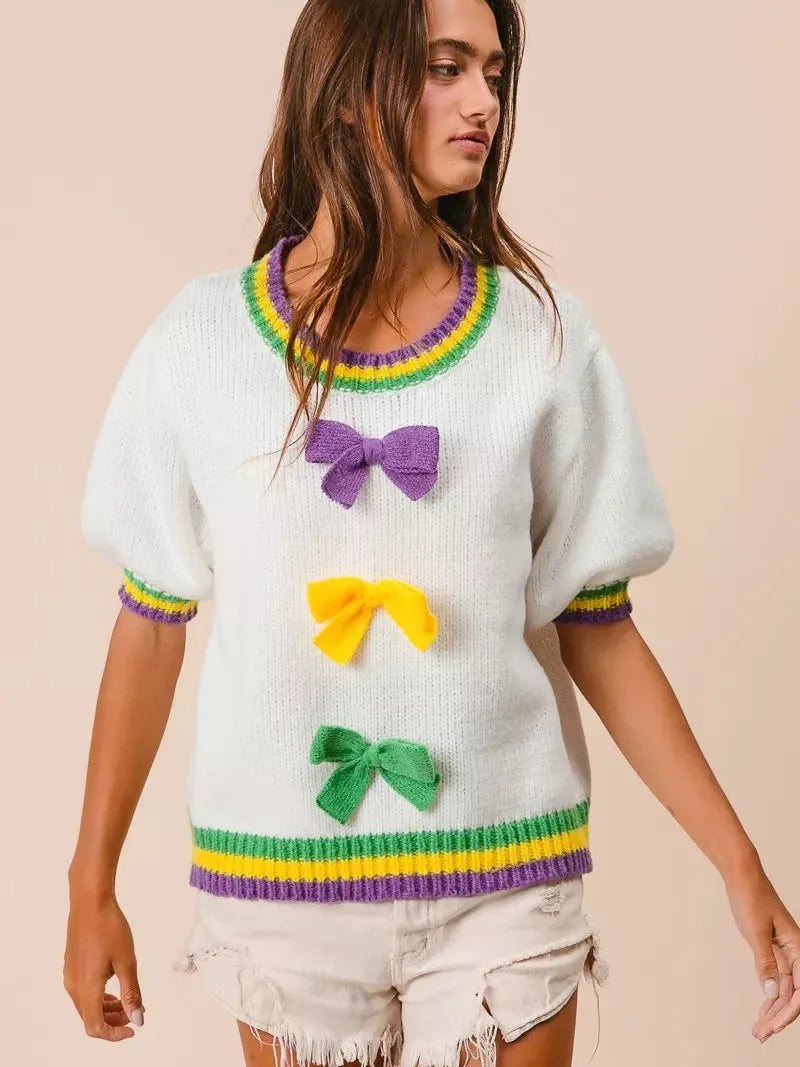 BiBi Let the Good Times Bow Mardi Gras Puff Sleeve Sweater-Women's Shirts & Tops-Shop Z & Joxa