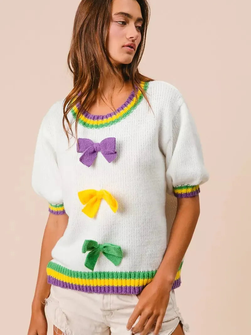 BiBi Let the Good Times Bow Mardi Gras Puff Sleeve Sweater-Women's Shirts & Tops-Shop Z & Joxa