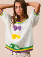 BiBi Let the Good Times Bow Mardi Gras Puff Sleeve Sweater-Women's Shirts & Tops-Shop Z & Joxa