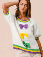 BiBi Let the Good Times Bow Mardi Gras Puff Sleeve Sweater-Women's Shirts & Tops-Shop Z & Joxa