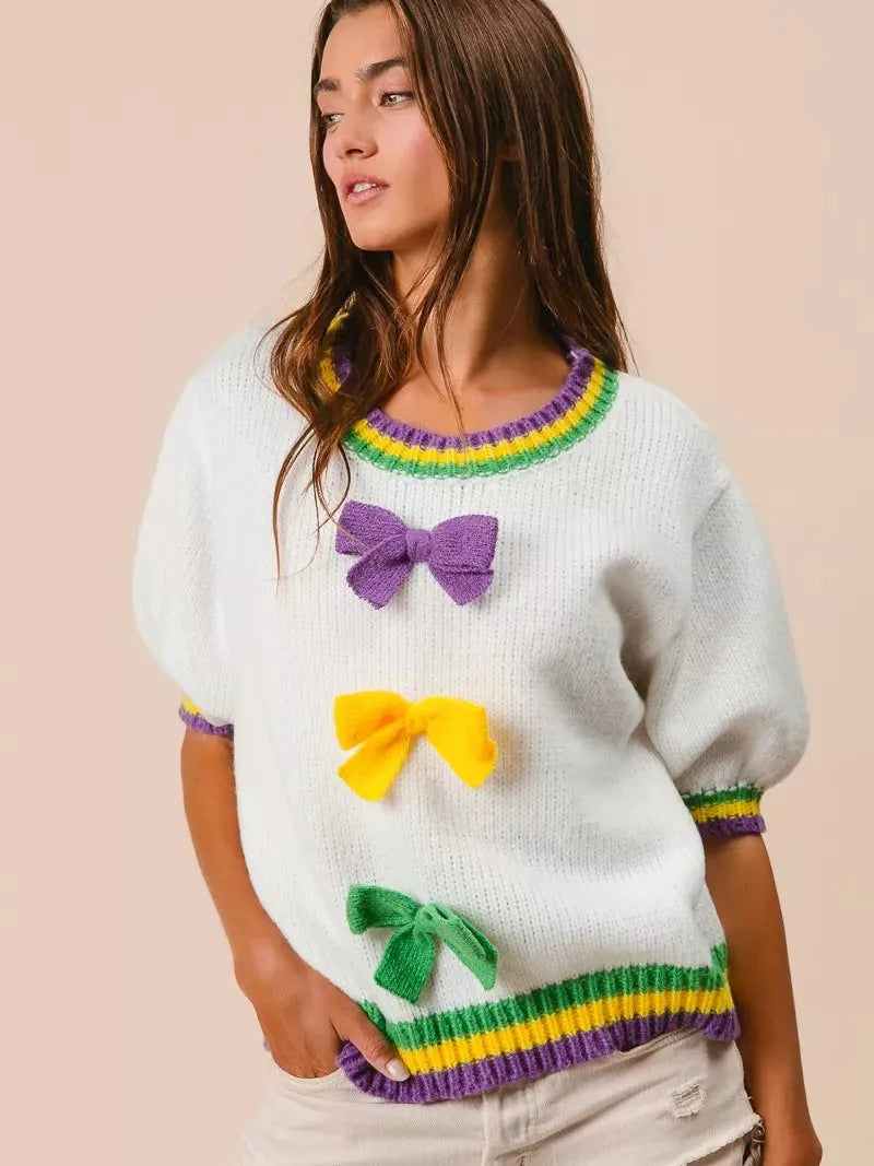 BiBi Let the Good Times Bow Mardi Gras Puff Sleeve Sweater-Women's Shirts & Tops-Shop Z & Joxa