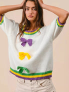 BiBi Let the Good Times Bow Mardi Gras Puff Sleeve Sweater-Women's Shirts & Tops-Shop Z & Joxa