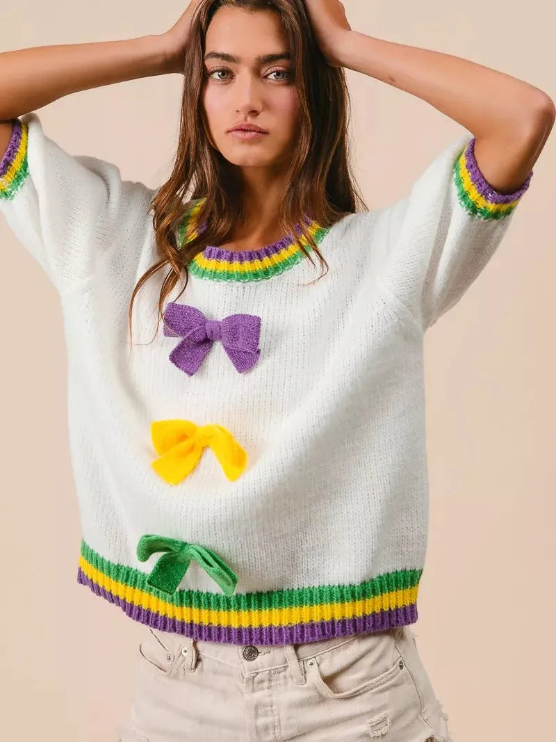 BiBi Let the Good Times Bow Mardi Gras Puff Sleeve Sweater-Women's Shirts & Tops-Shop Z & Joxa