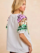 BiBi Mardi Gras Magic Sequin Bottle Spangled Sleeve Top-Women's Shirts & Tops-Shop Z & Joxa