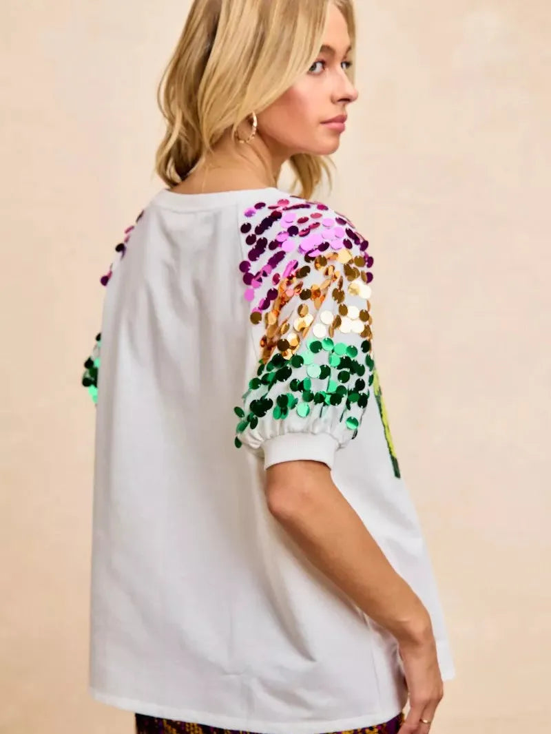 BiBi Mardi Gras Magic Sequin Bottle Spangled Sleeve Top-Women's Shirts & Tops-Shop Z & Joxa