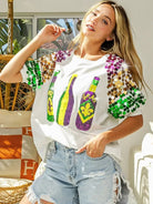 BiBi Mardi Gras Magic Sequin Bottle Spangled Sleeve Top-Women's Shirts & Tops-Shop Z & Joxa