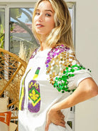 BiBi Mardi Gras Magic Sequin Bottle Spangled Sleeve Top-Women's Shirts & Tops-Shop Z & Joxa