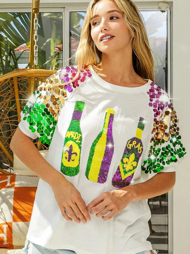 BiBi Mardi Gras Magic Sequin Bottle Spangled Sleeve Top-Women's Shirts & Tops-Shop Z & Joxa