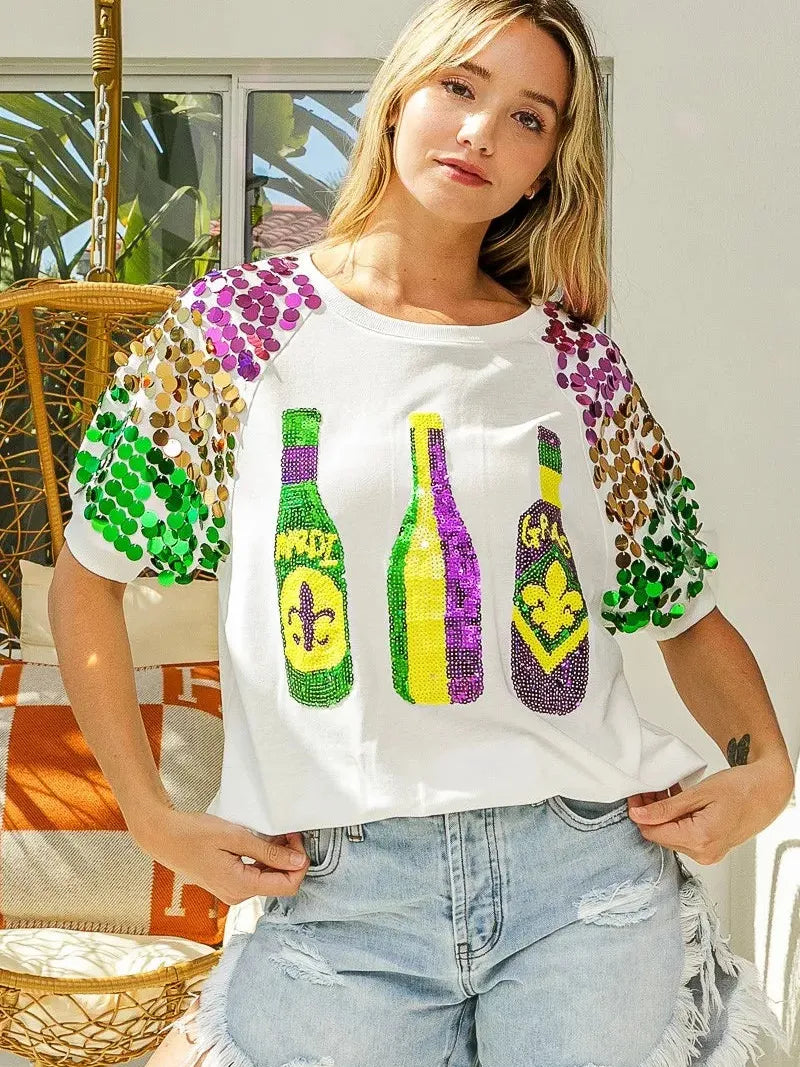 BiBi Mardi Gras Magic Sequin Bottle Spangled Sleeve Top-Women's Shirts & Tops-Shop Z & Joxa