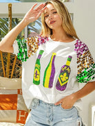 BiBi Mardi Gras Magic Sequin Bottle Spangled Sleeve Top-Women's Shirts & Tops-Shop Z & Joxa