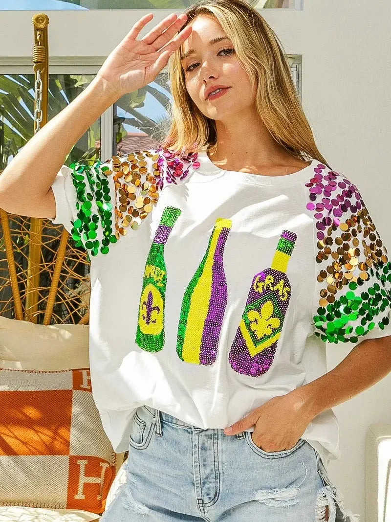 BiBi Mardi Gras Magic Sequin Bottle Spangled Sleeve Top-Women's Shirts & Tops-Shop Z & Joxa